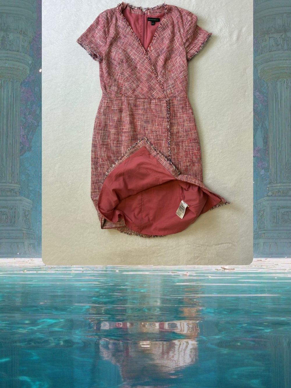 Pink Tweed Wrap-Style Sheath Dress